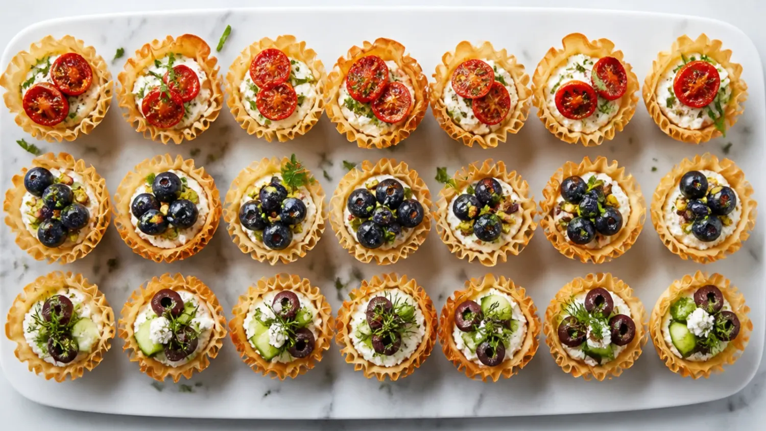 A platter of mini phyllo cups filled with cheesecake, berries and chocolate, dusted with icing sugar