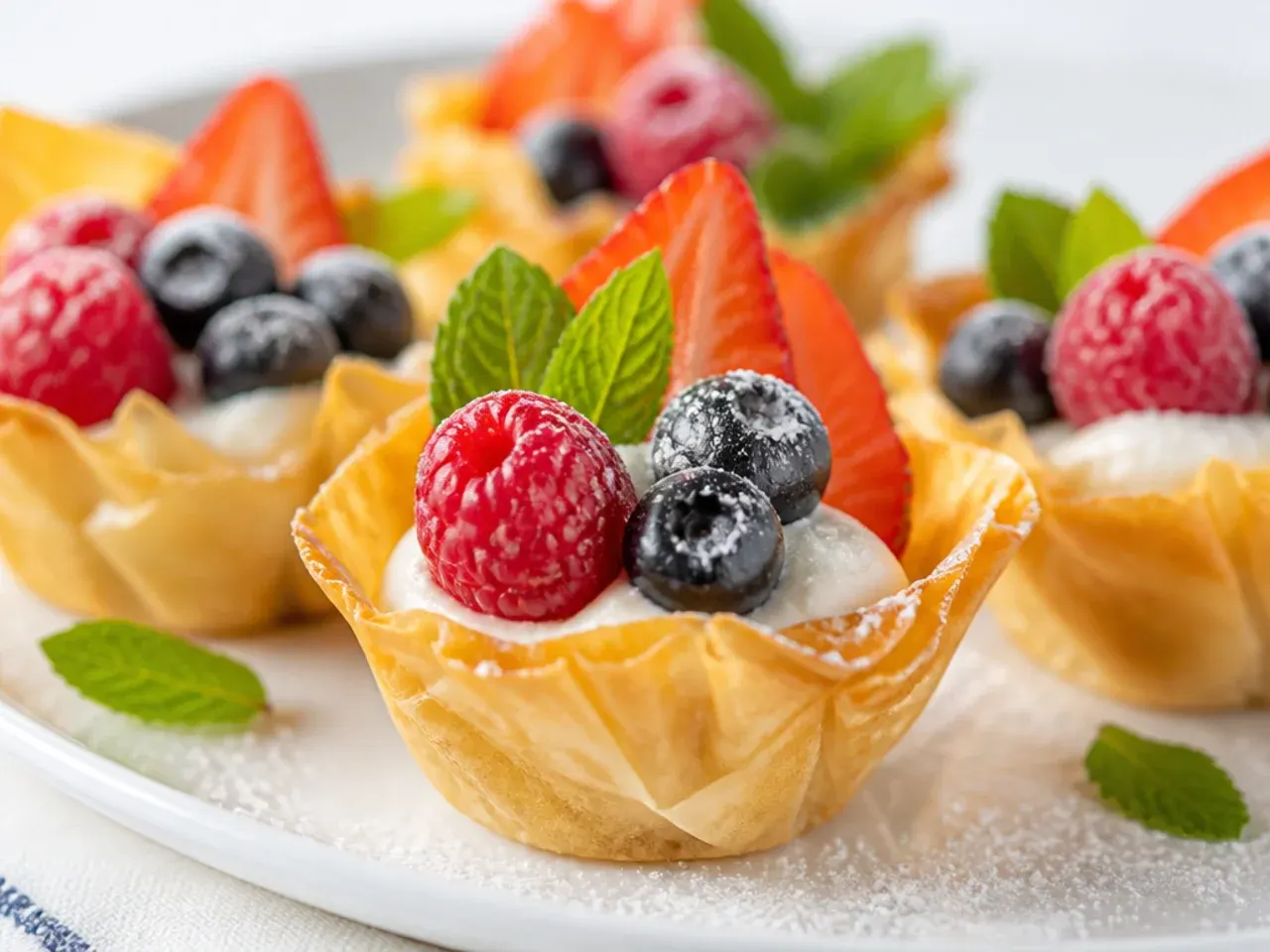 Overhead shot of an empty box of mini phyllo pastry shells next to fresh berries and a bowl of cream cheese filling
