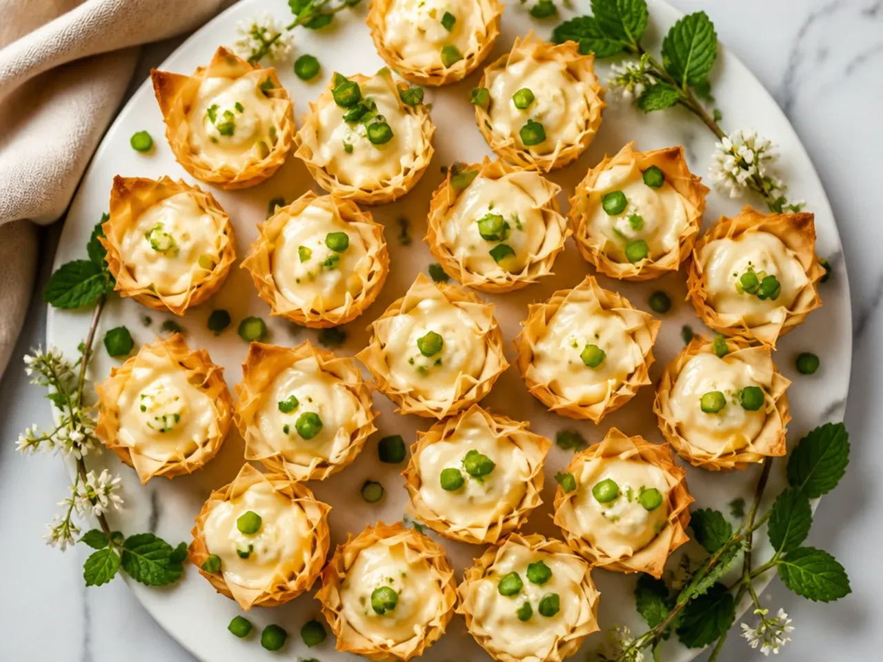 Close-up of mini phyllo cups piped with vanilla cheesecake filling and topped with a fresh raspberry