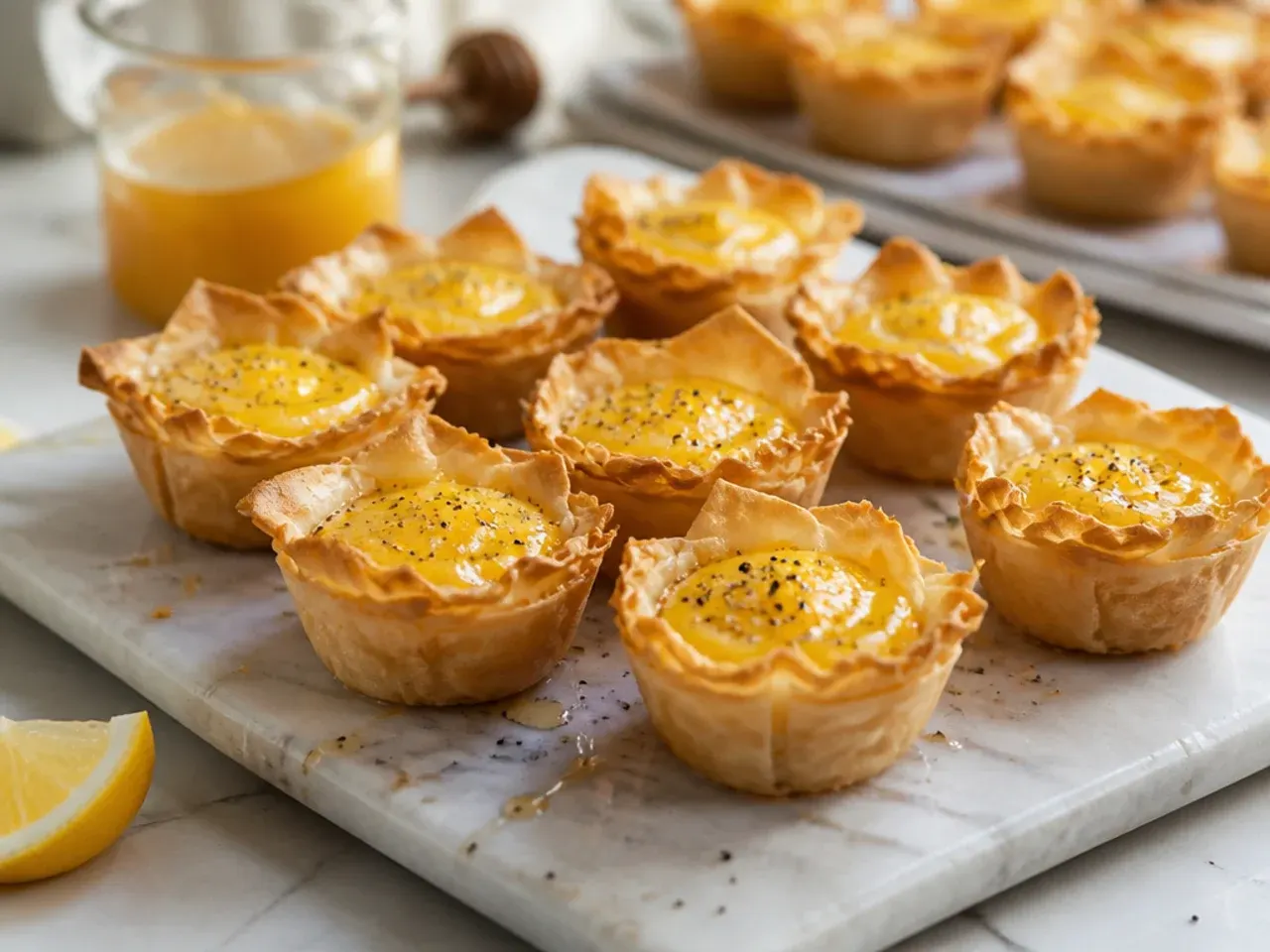 Mini phyllo cups filled with bright yellow lemon curd and topped with whipped cream and lemon zest