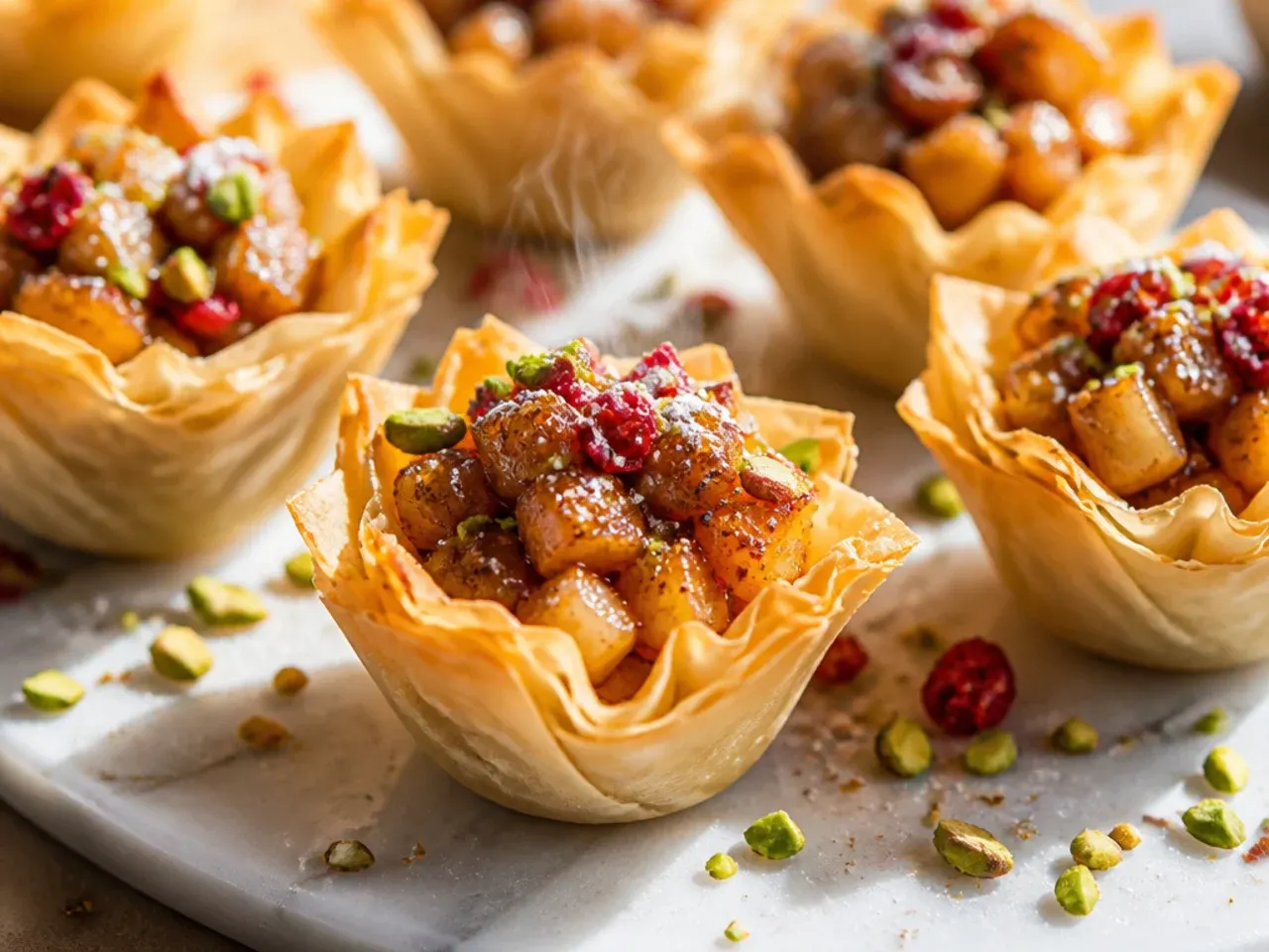 Warm cinnamon-spiced apple filling spooned into golden phyllo cups