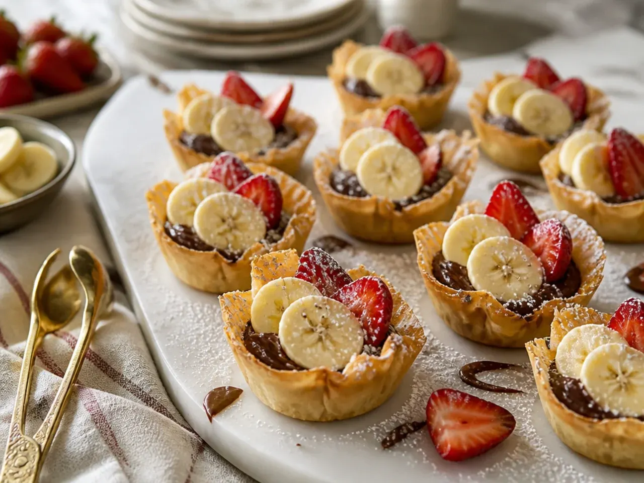 Phyllo cups layered with chocolate hazelnut spread, banana slices and chopped nuts