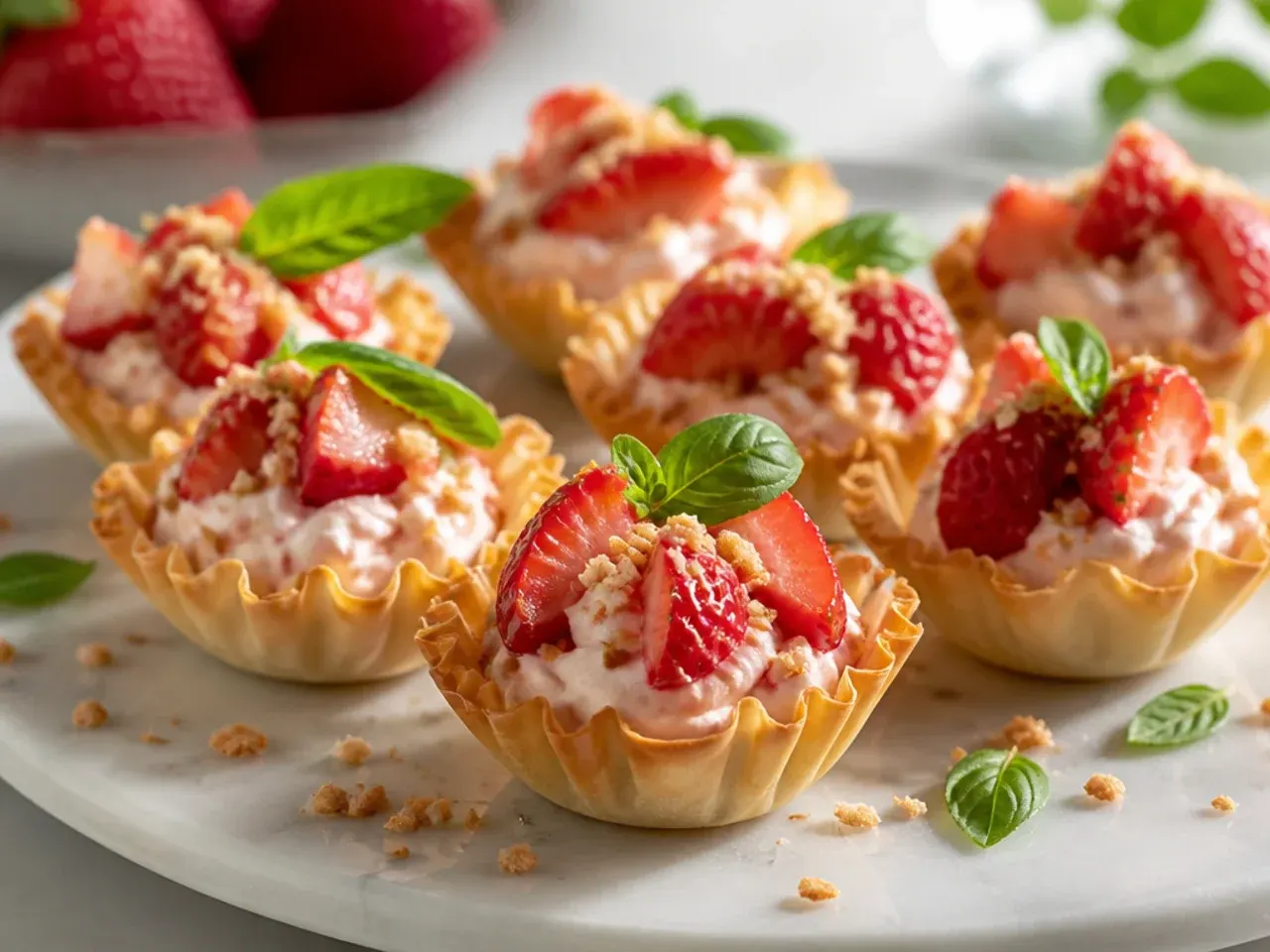 Mascarpone-filled phyllo cups topped with glossy diced strawberries