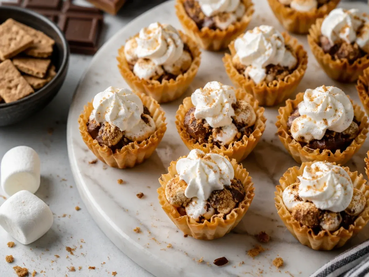 Phyllo cups with melted chocolate and toasted golden marshmallow tops, crushed biscuit sprinkled over