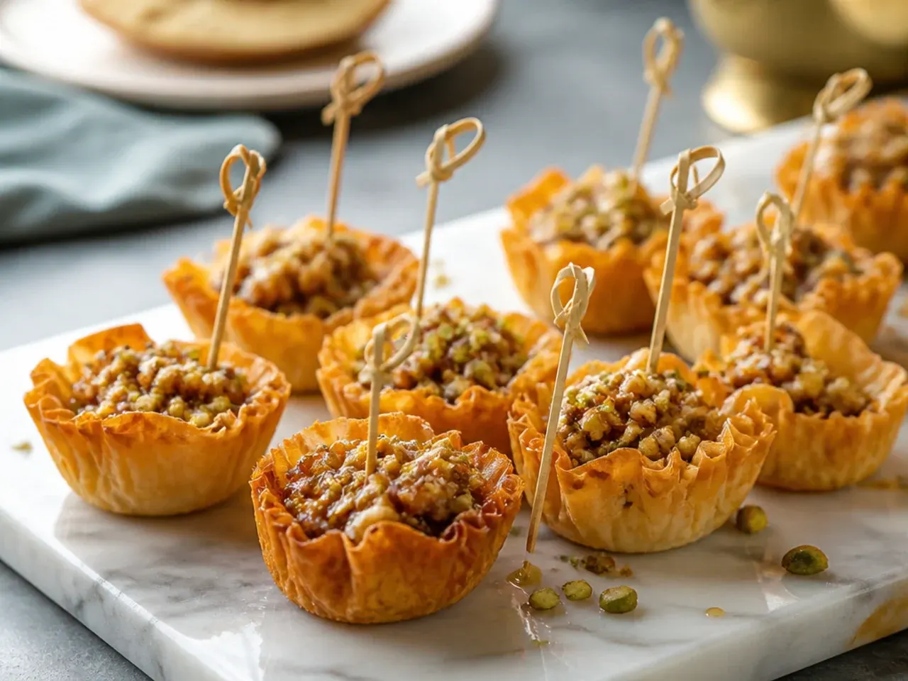 Phyllo cups filled with chopped walnuts and pistachios drizzled with honey syrup