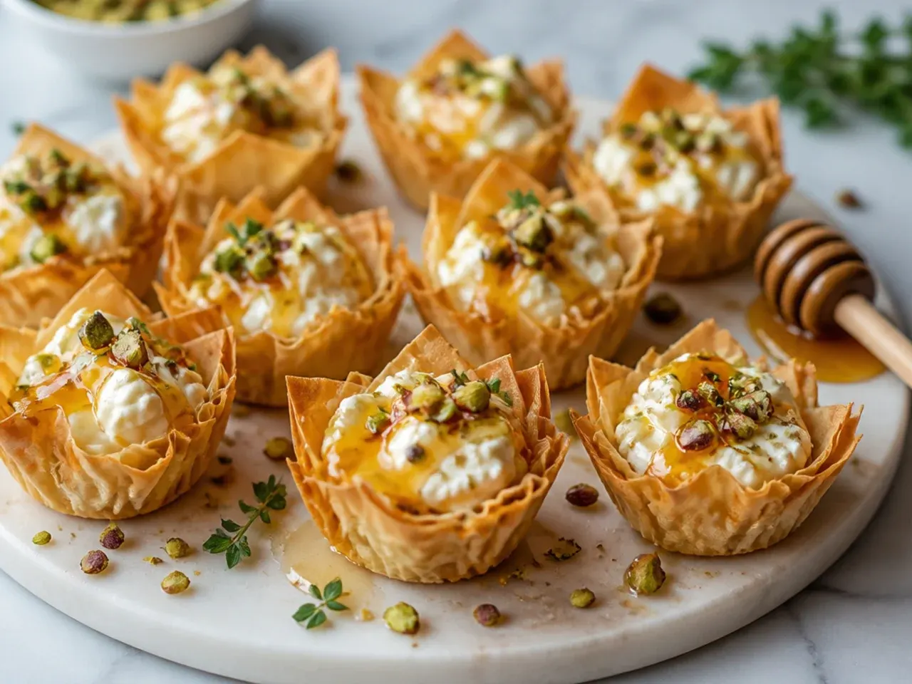 Whipped feta piped into phyllo cups, topped with strawberry pieces, honey and black pepper