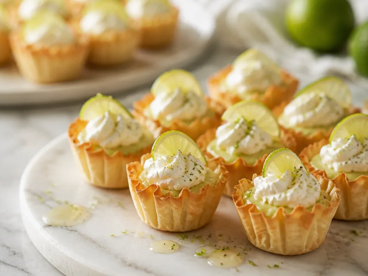 Phyllo cups filled with pale green key lime filling and topped with whipped cream