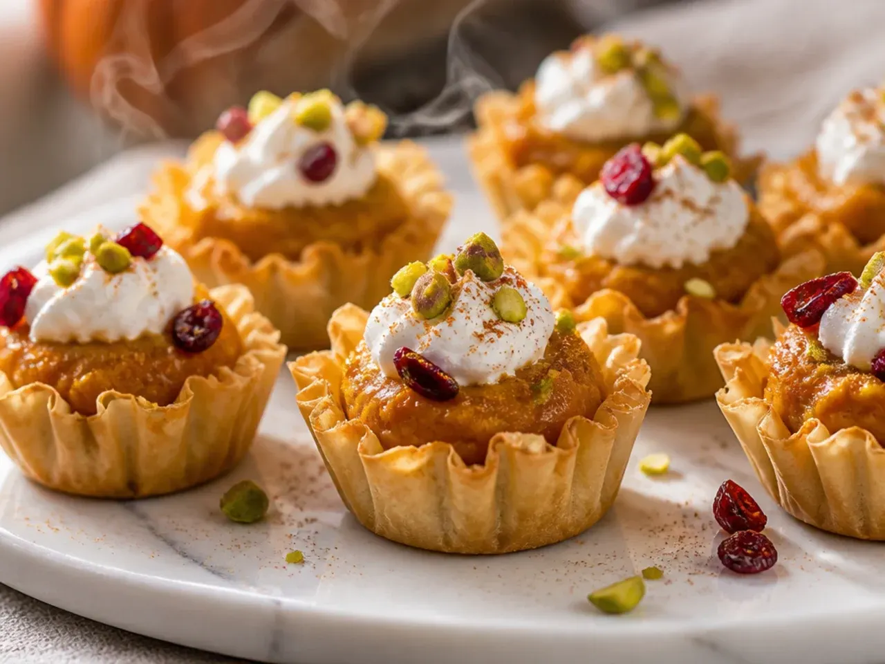 Spiced pumpkin filling piped into phyllo cups with a ginger biscuit crumb topping