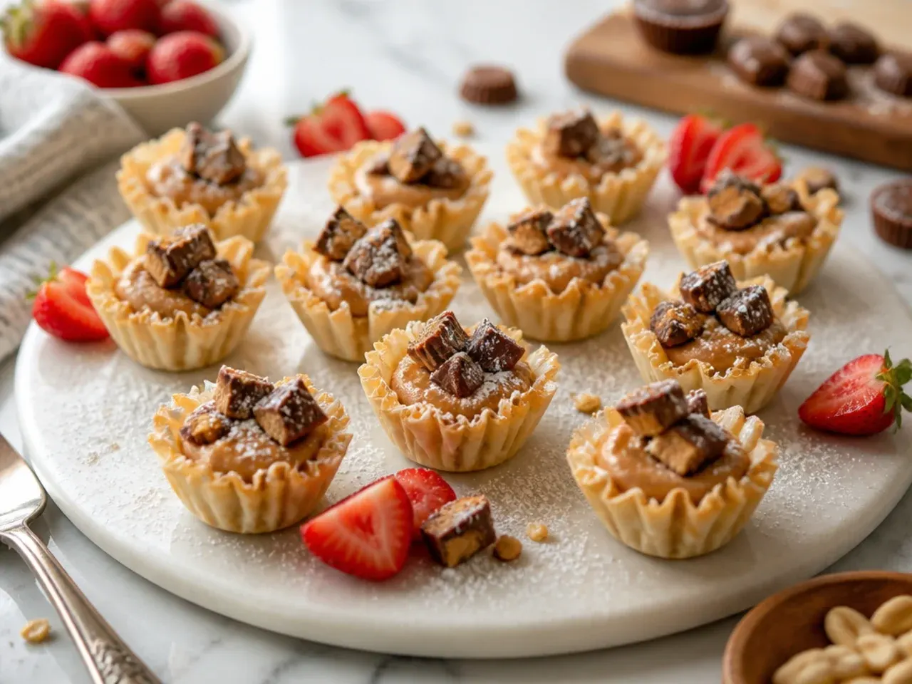Phyllo cups filled with peanut butter cream and drizzled with melted chocolate