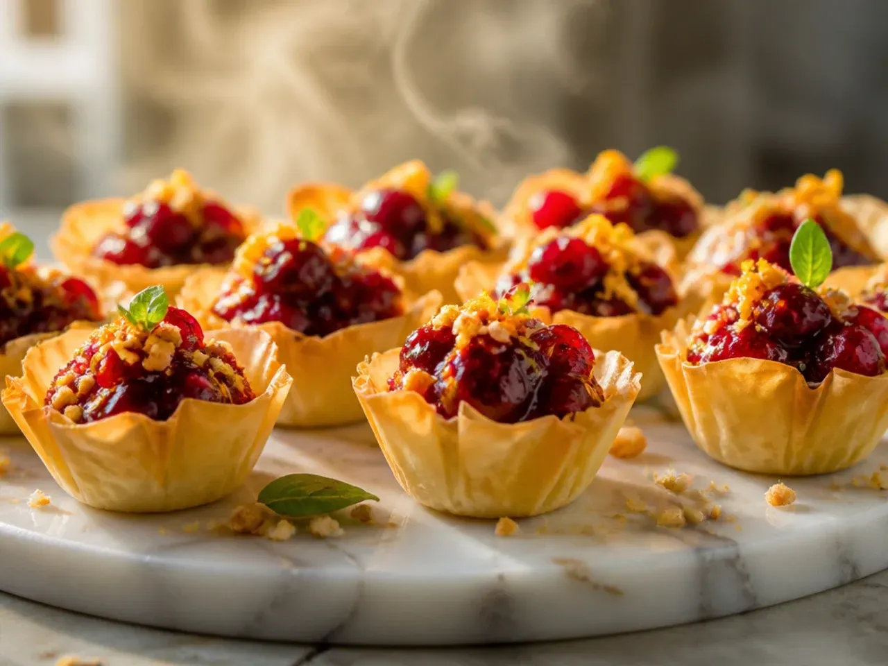 Ruby-red cranberry orange compote spooned into phyllo cups over a layer of mascarpone