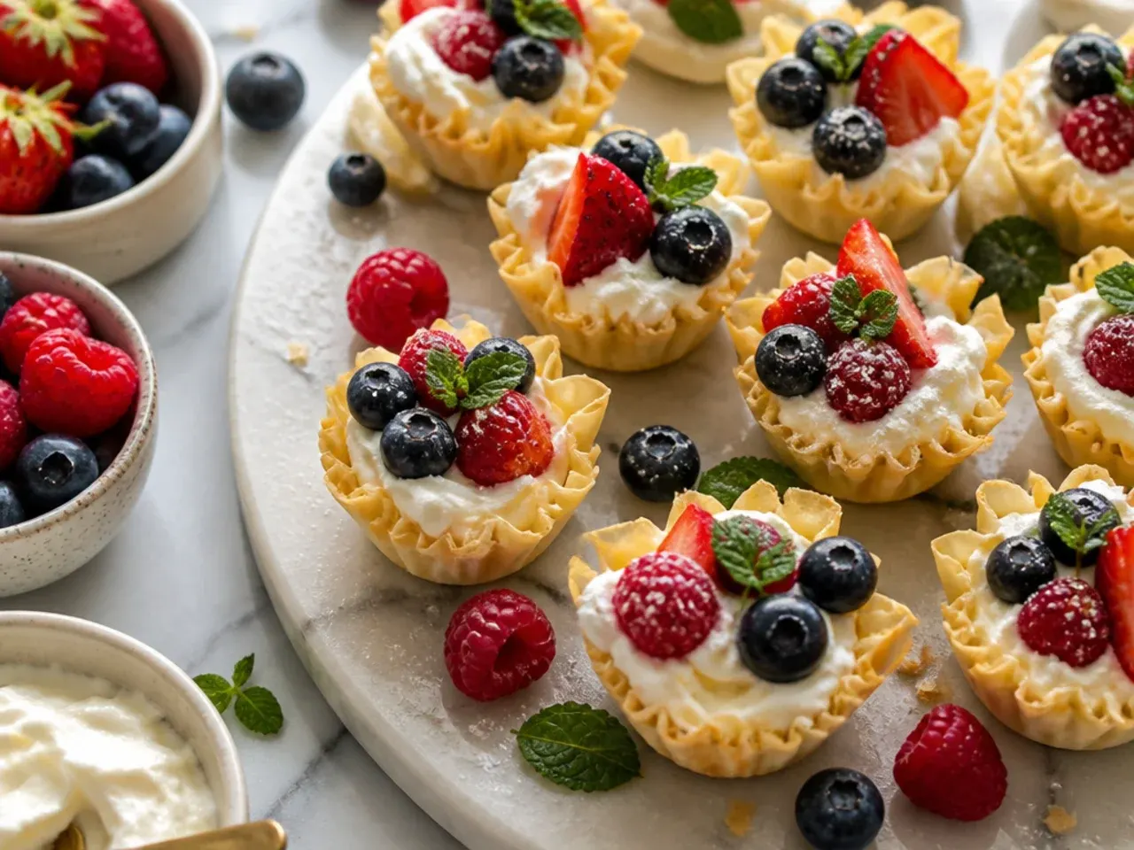 Mascarpone-filled phyllo cups topped with a mix of blueberries, raspberries and blackberries