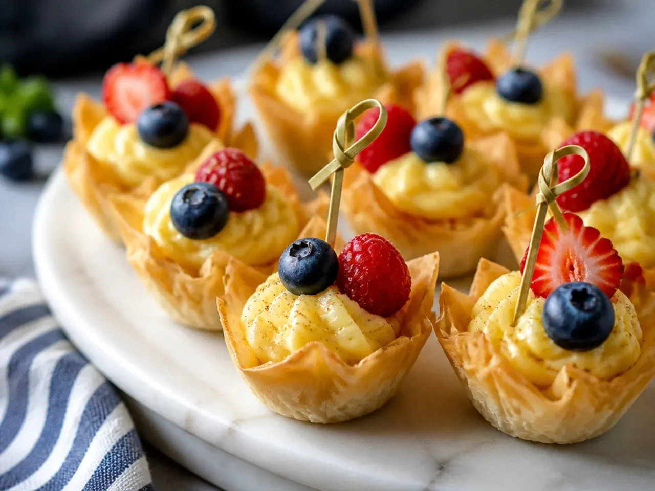 Thick vanilla pastry cream being piped into phyllo cups