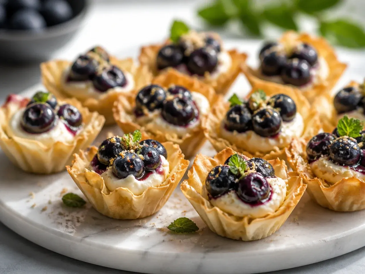 Cream cheese-filled phyllo cups topped with glossy warm blueberry compote