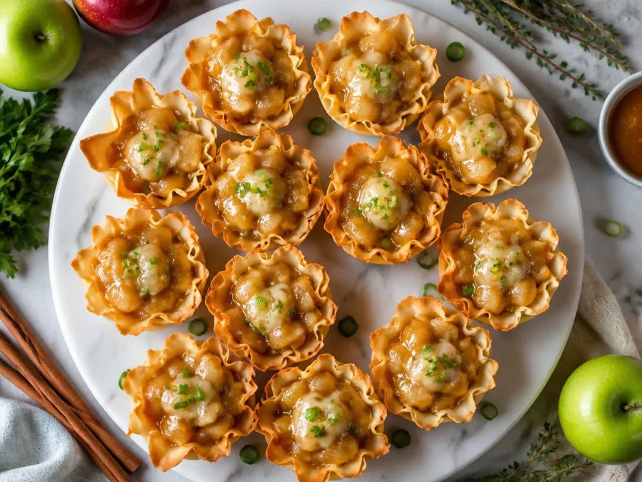 Phyllo cups filled with caramel sauce and thin apple slices, drizzled with extra caramel