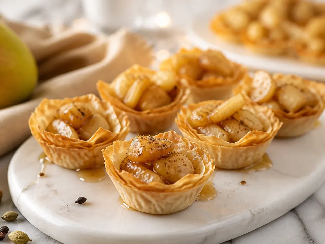 Chai-spiced pear filling spooned into phyllo cups topped with whipped mascarpone