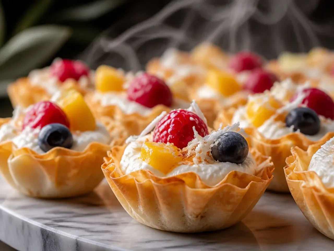 Whipped coconut cream piped into phyllo cups and topped with toasted coconut flakes