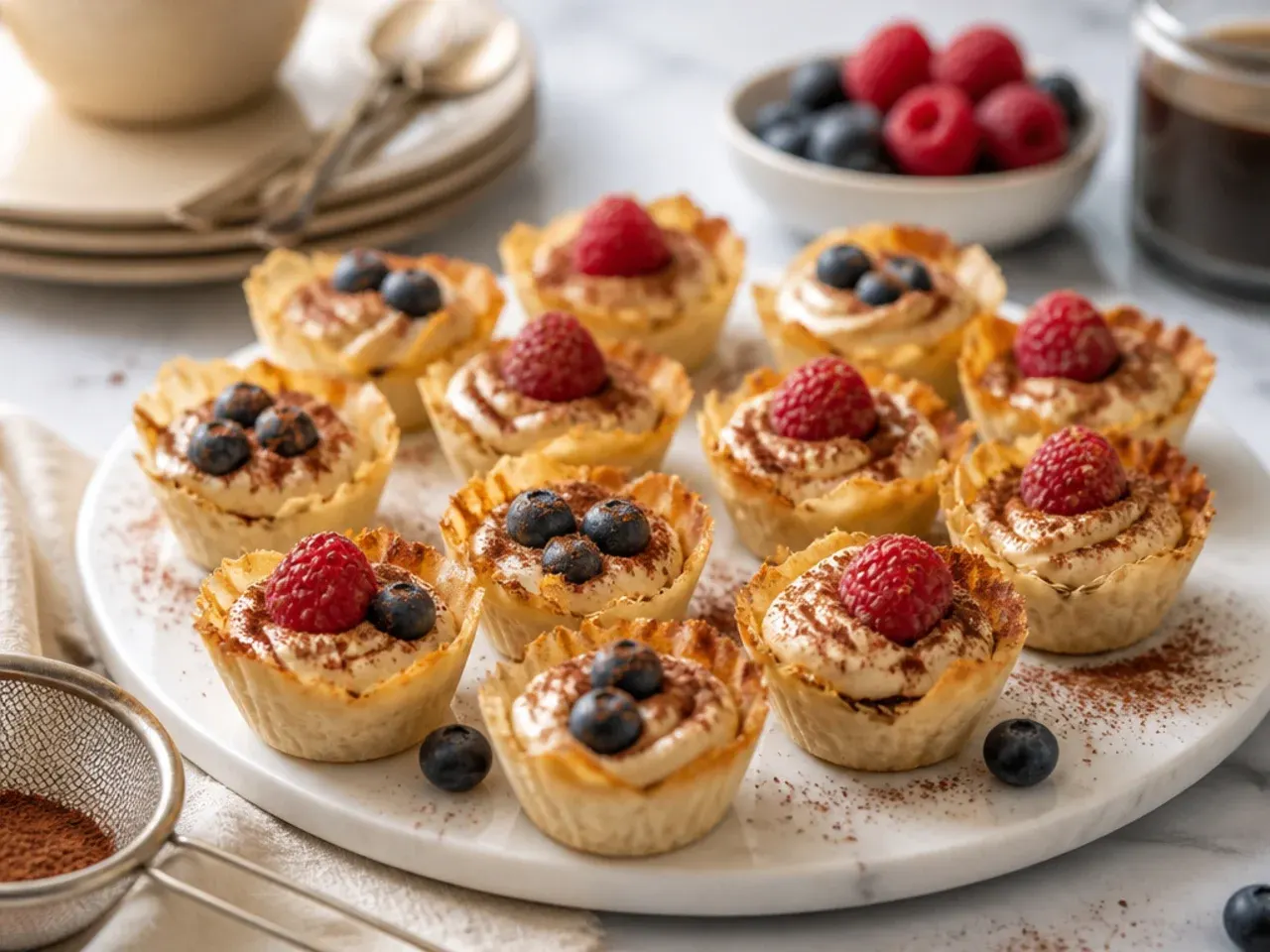 Espresso-brushed phyllo cups filled with mascarpone cream and dusted with cocoa powder