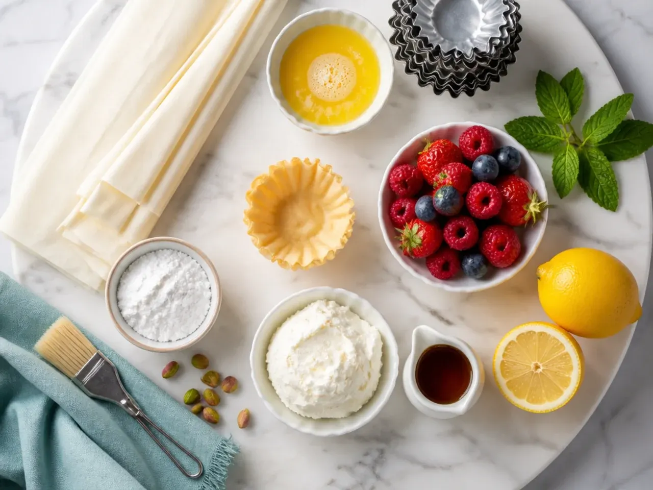 Hands filling a tray of empty golden phyllo cups with a piping bag