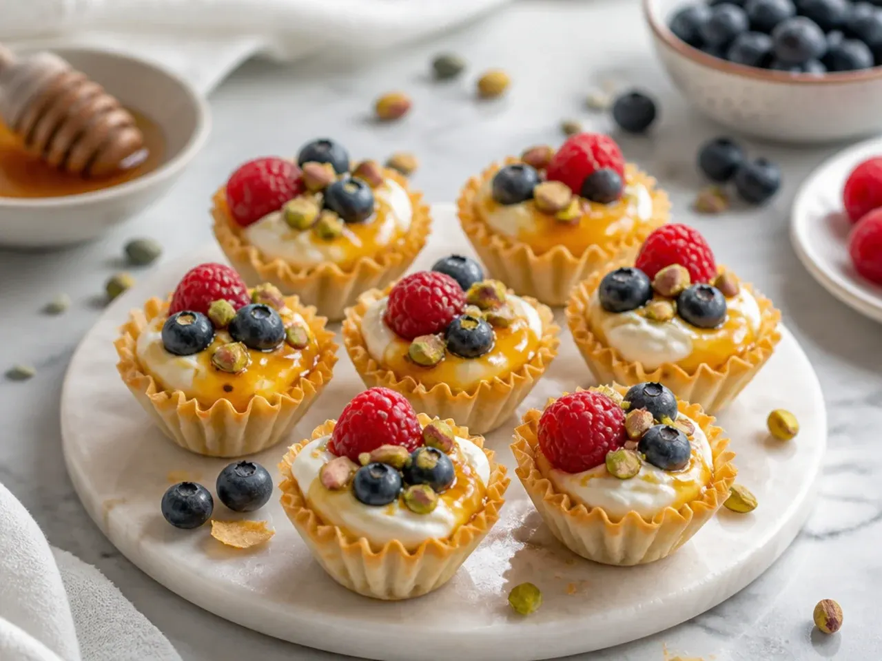 A large platter with an assortment of filled phyllo cup desserts arranged by colour