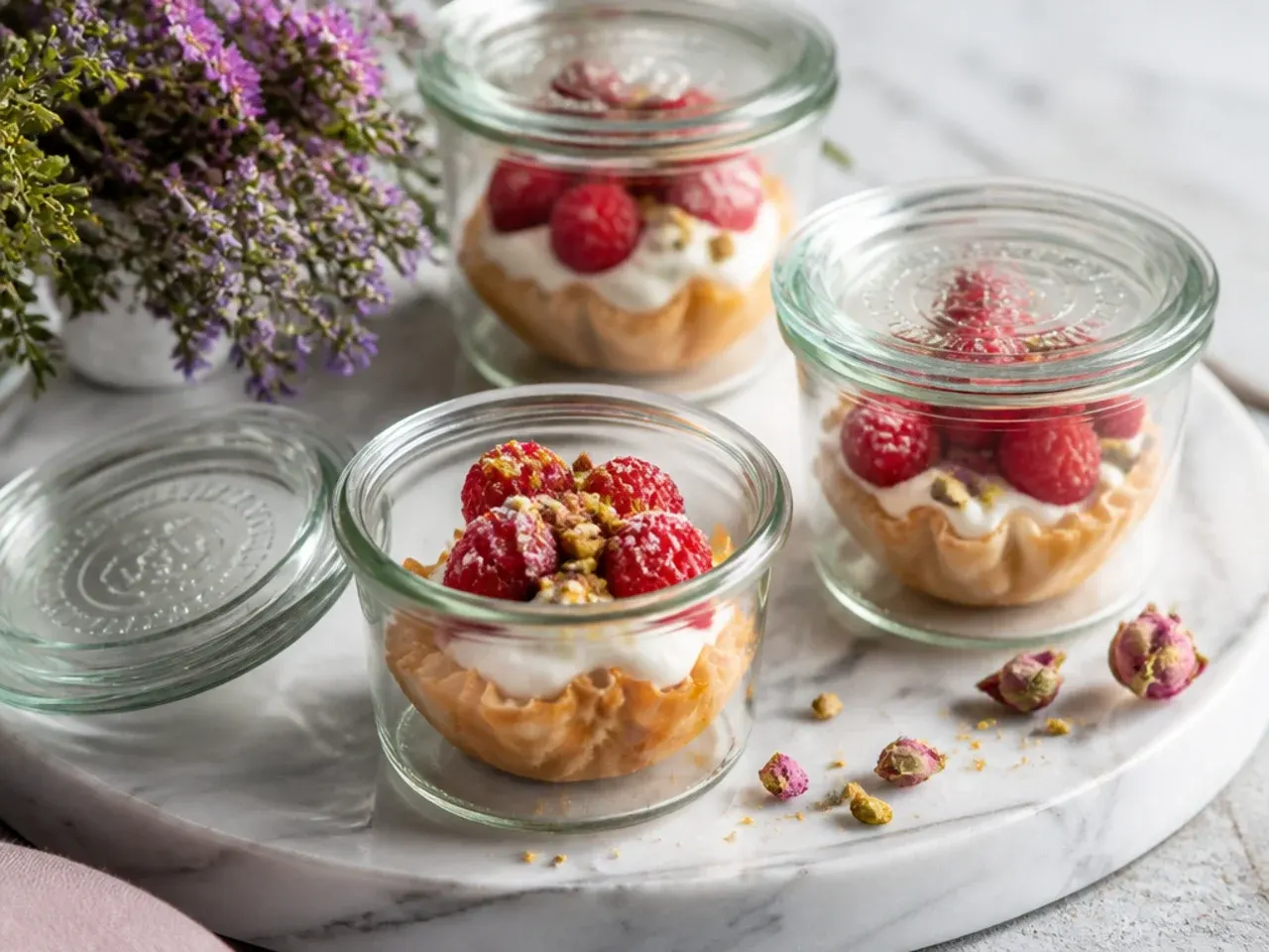 Stacked airtight containers of empty phyllo shells and a bowl of prepared filling in the fridge