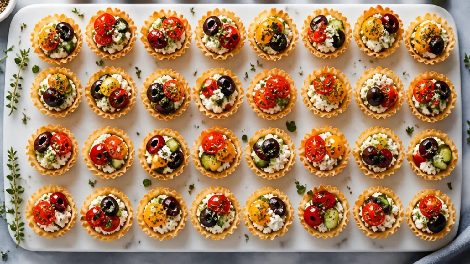 A platter of golden mini phyllo cups filled with brie, jam and toasted pecans, arranged on a white serving board