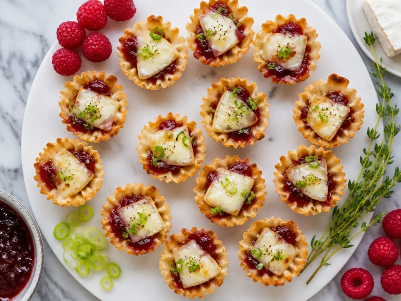 Close-up of a mini phyllo cup with melted brie, raspberry jam and a toasted pecan on top
