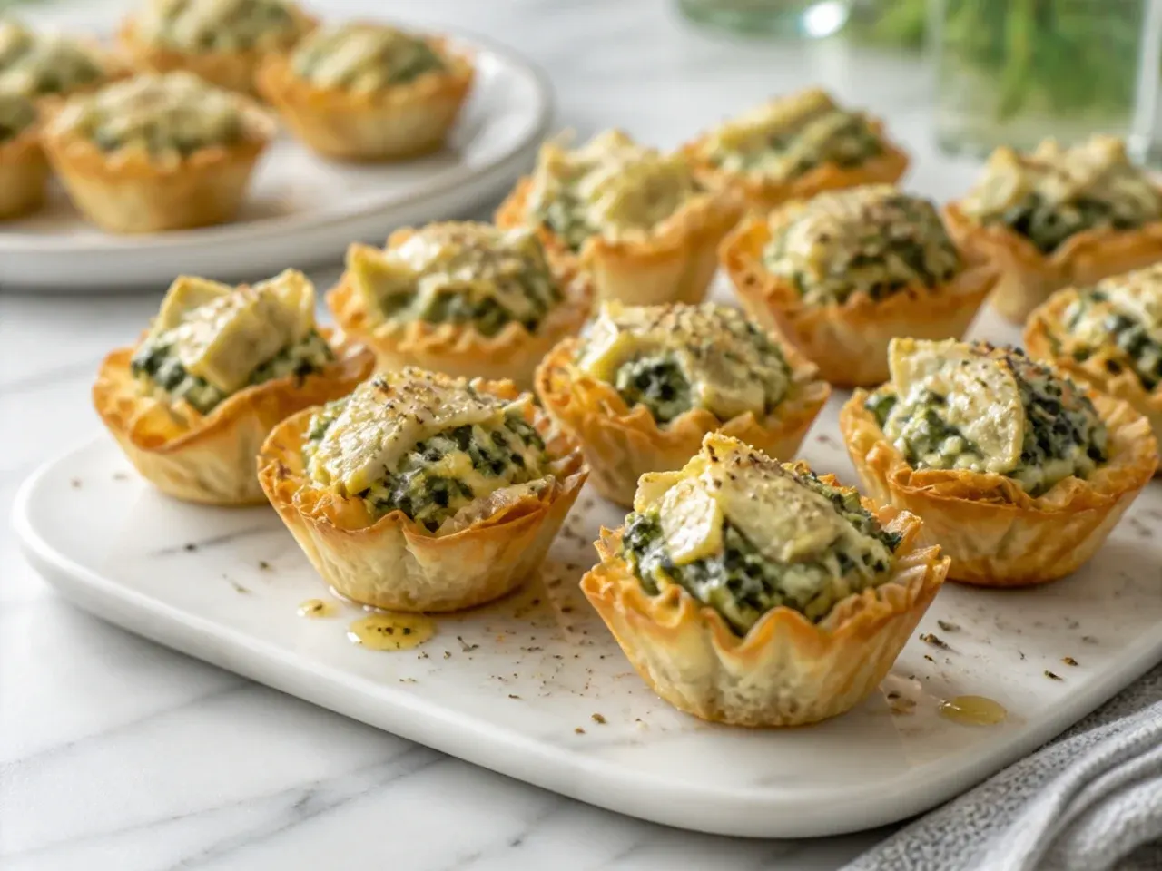Golden phyllo cups filled with bubbling spinach artichoke dip on a baking tray
