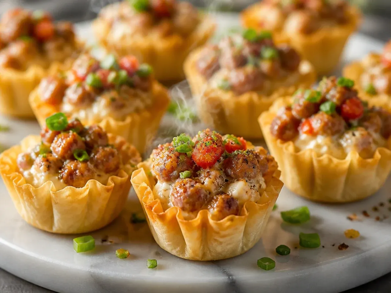 Phyllo cups filled with creamy sausage mixture and a sprinkle of fresh chives