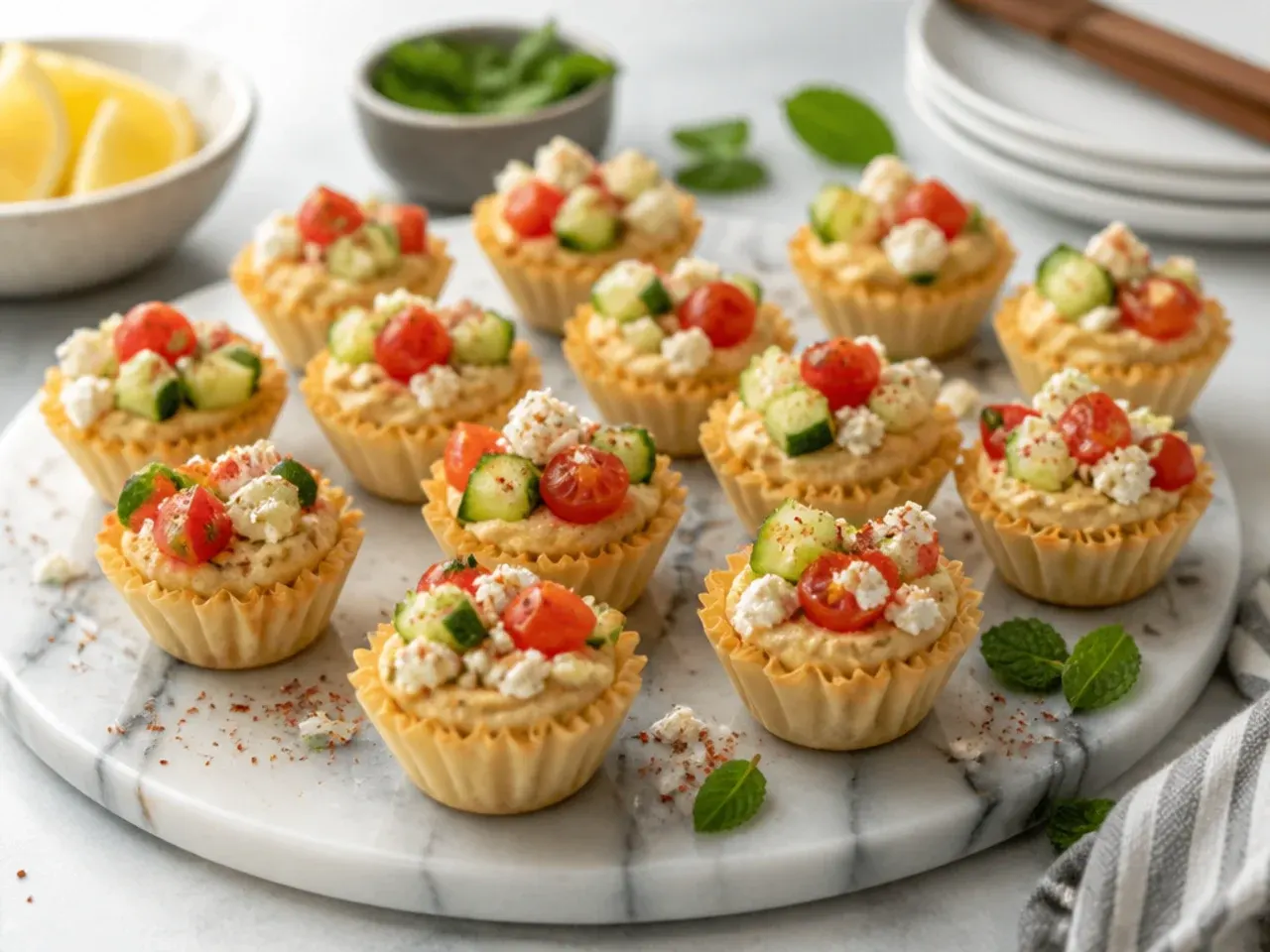 Unbaked phyllo cups filled with hummus, diced cucumber and tomato