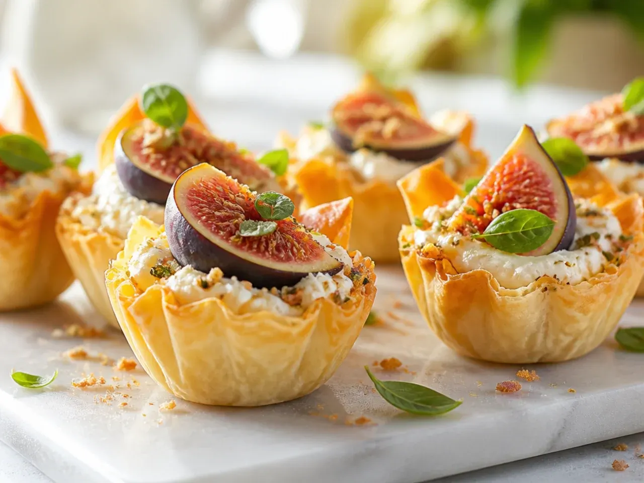 Phyllo cups with goat cheese, fig jam and chopped walnuts on a serving plate