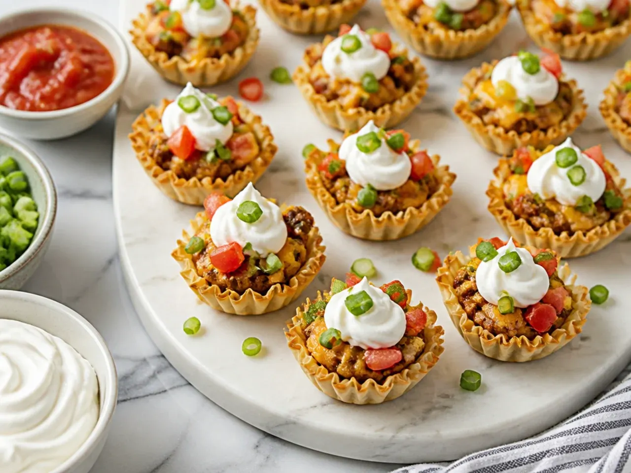 Mini taco-style phyllo cups topped with soured cream, avocado and coriander