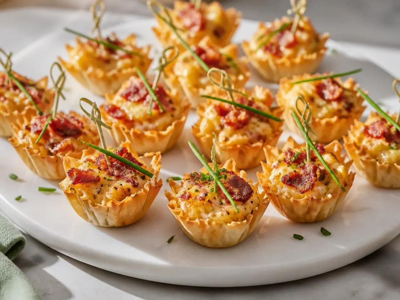 Baked phyllo cups with a set egg, bacon and Gruyère filling, golden on top