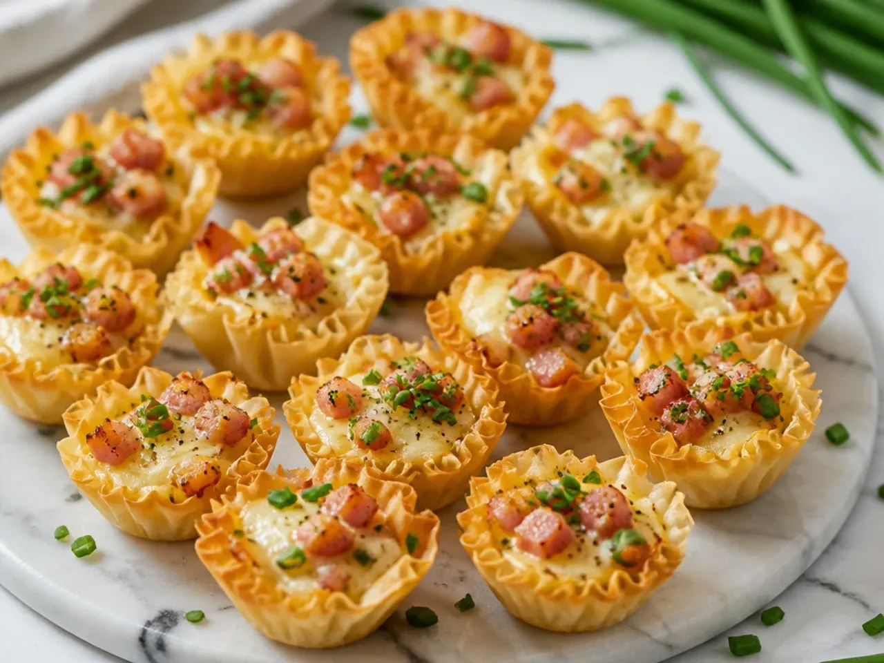 Phyllo cups filled with melted cheese, diced ham and fresh chives