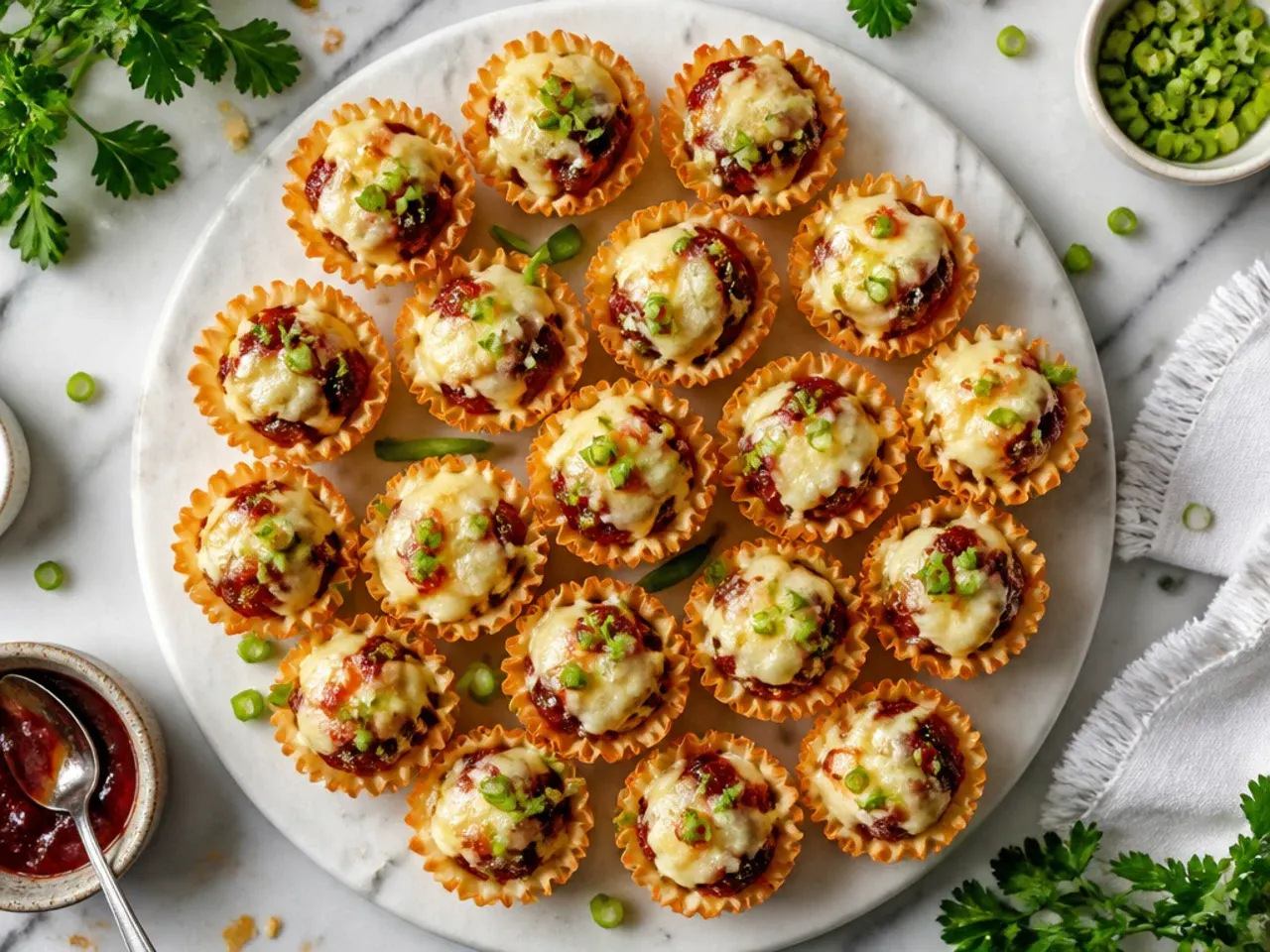 No-bake phyllo cups with cream cheese and a spoonful of chutney on top