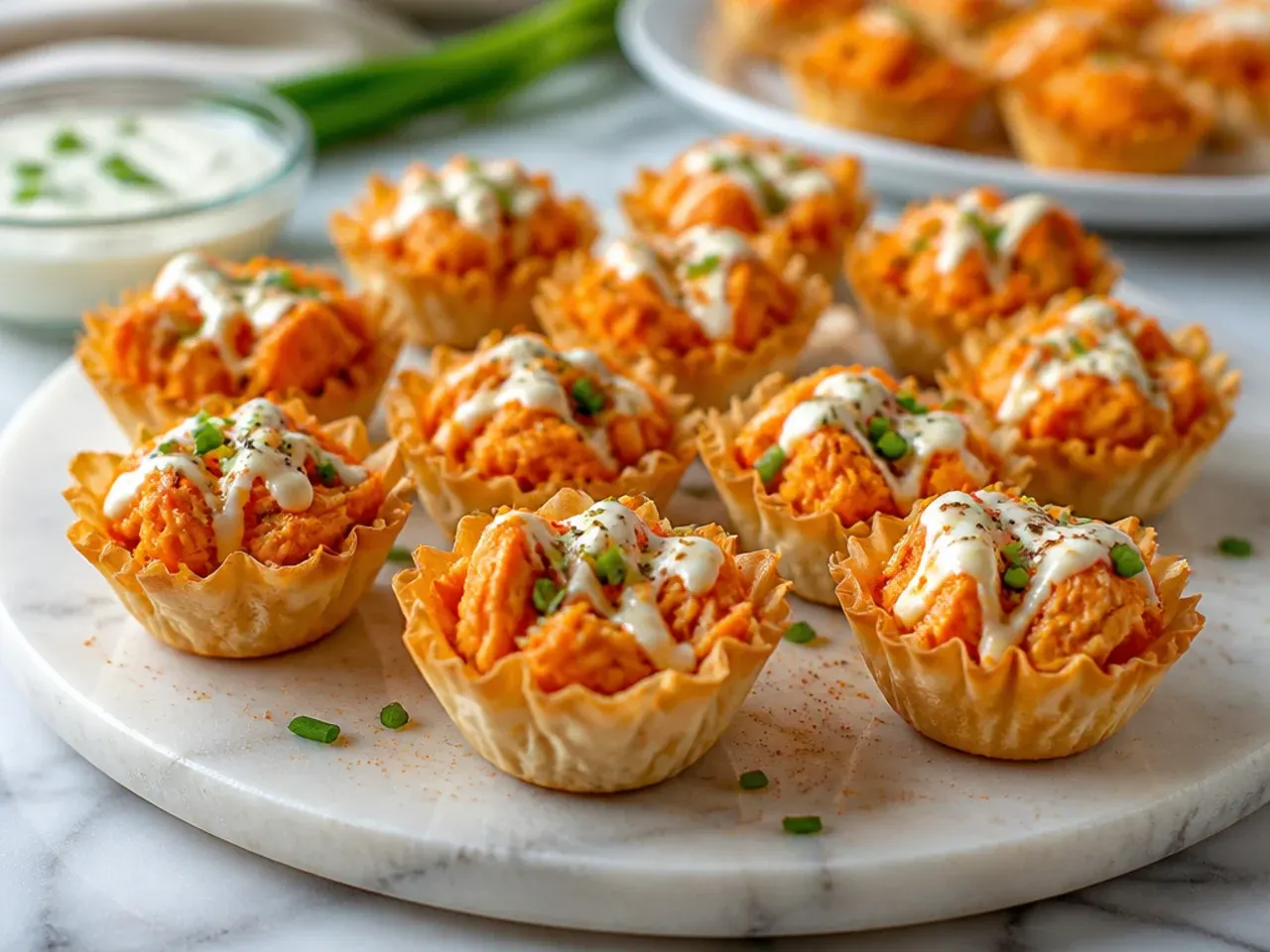 Phyllo cups filled with buffalo chicken and drizzled with ranch dressing