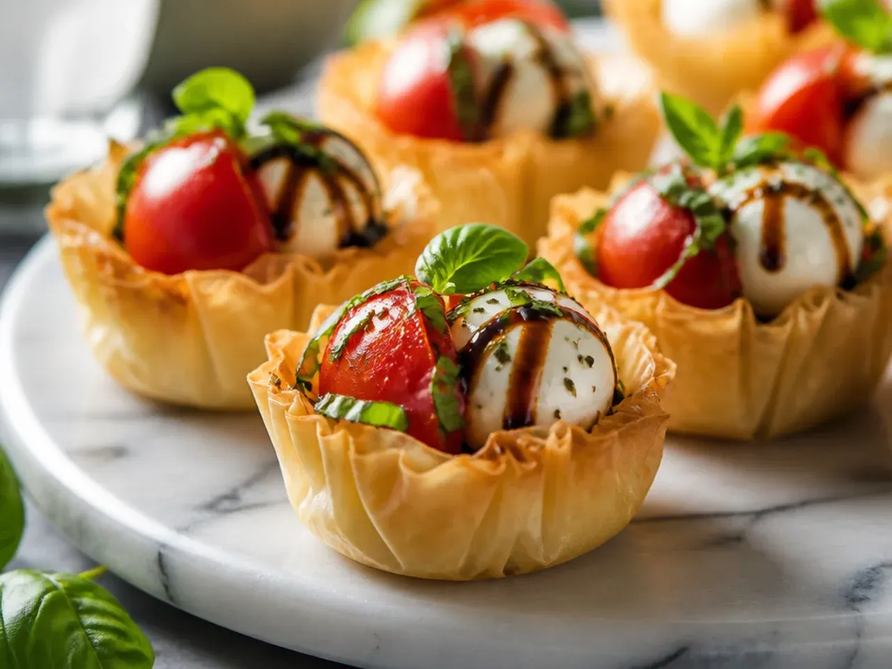 Fresh caprese-style phyllo cups with mozzarella, tomato and basil