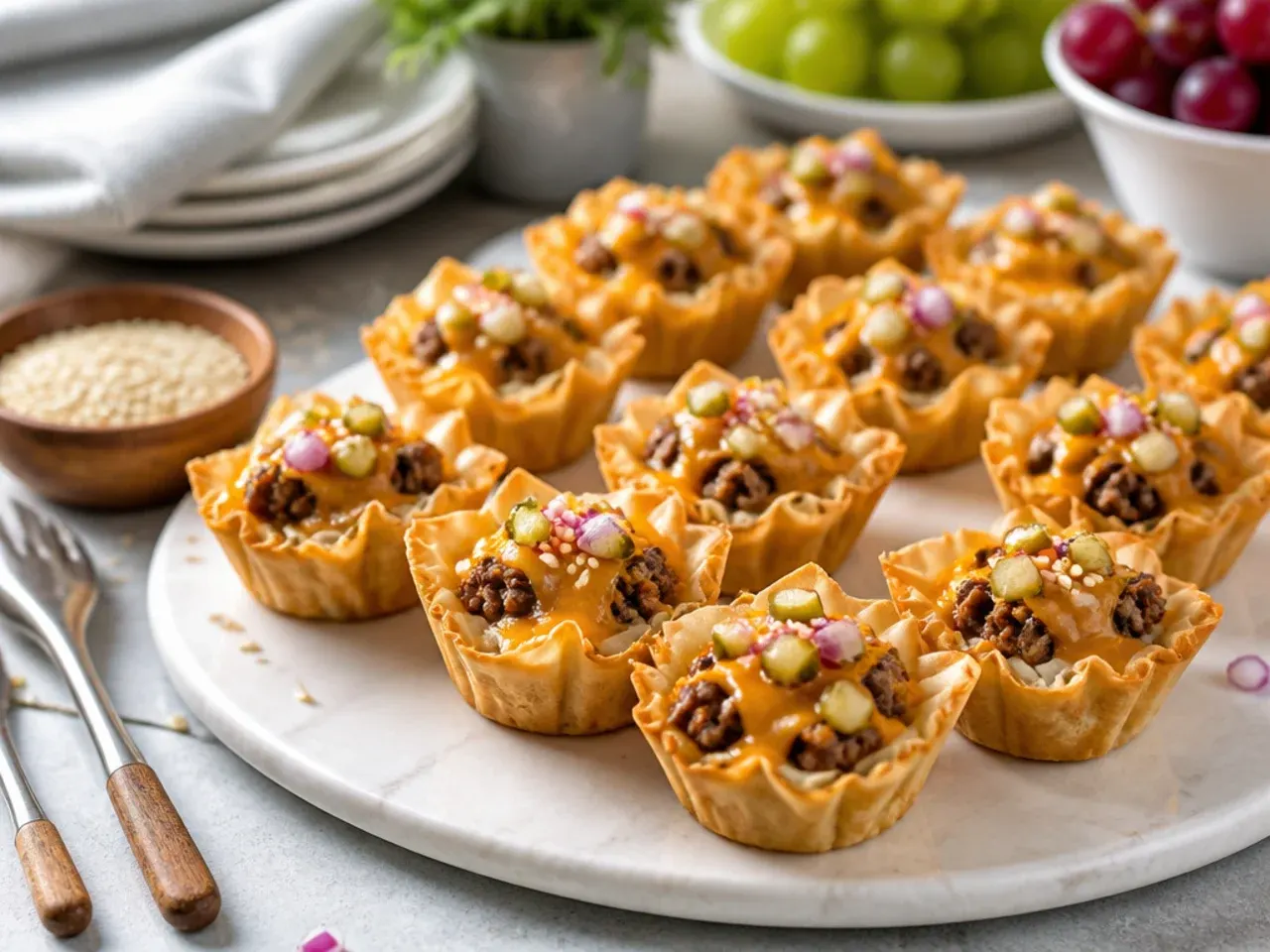 Mini cheeseburger-style phyllo cups with melted cheddar and diced pickle