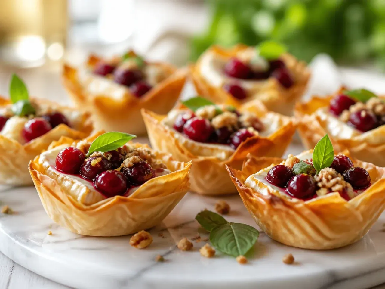 Festive phyllo cups with brie, cranberry sauce and fresh thyme