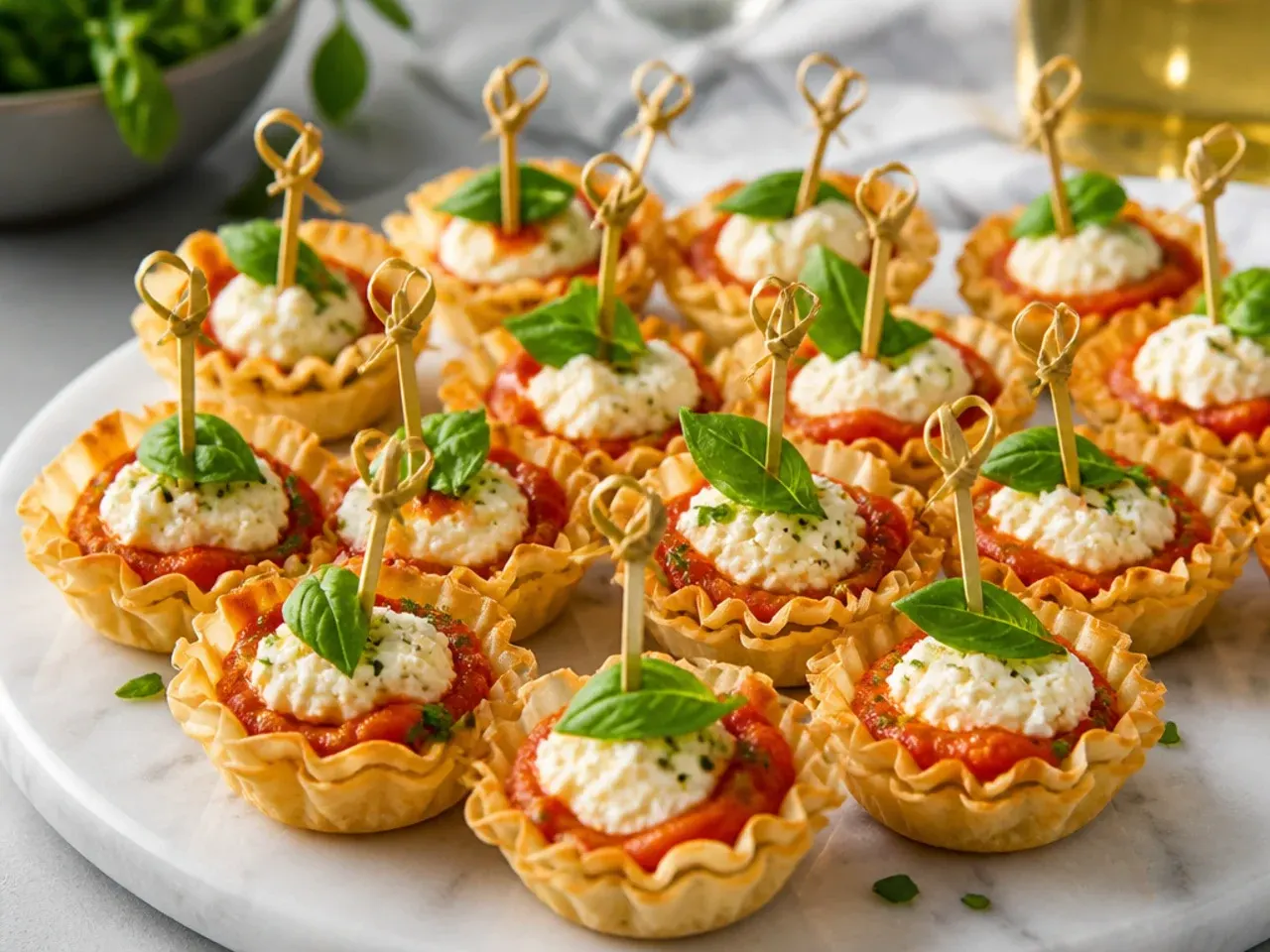 Bubbling phyllo cups filled with ricotta, marinara sauce and grated Parmesan