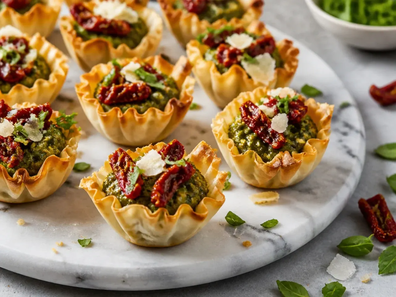 Phyllo cups filled with pesto cream cheese and sun-dried tomato