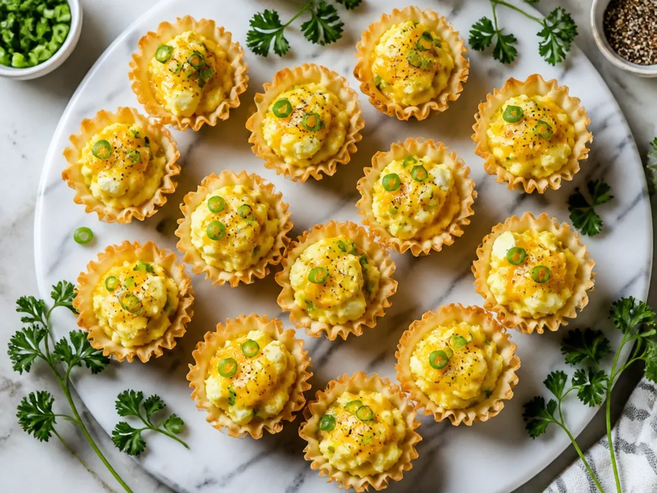 Mini phyllo cups filled with egg salad and a dusting of paprika