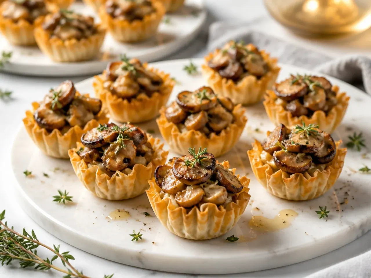 Phyllo cups filled with sautéed mushroom and thyme cream cheese filling