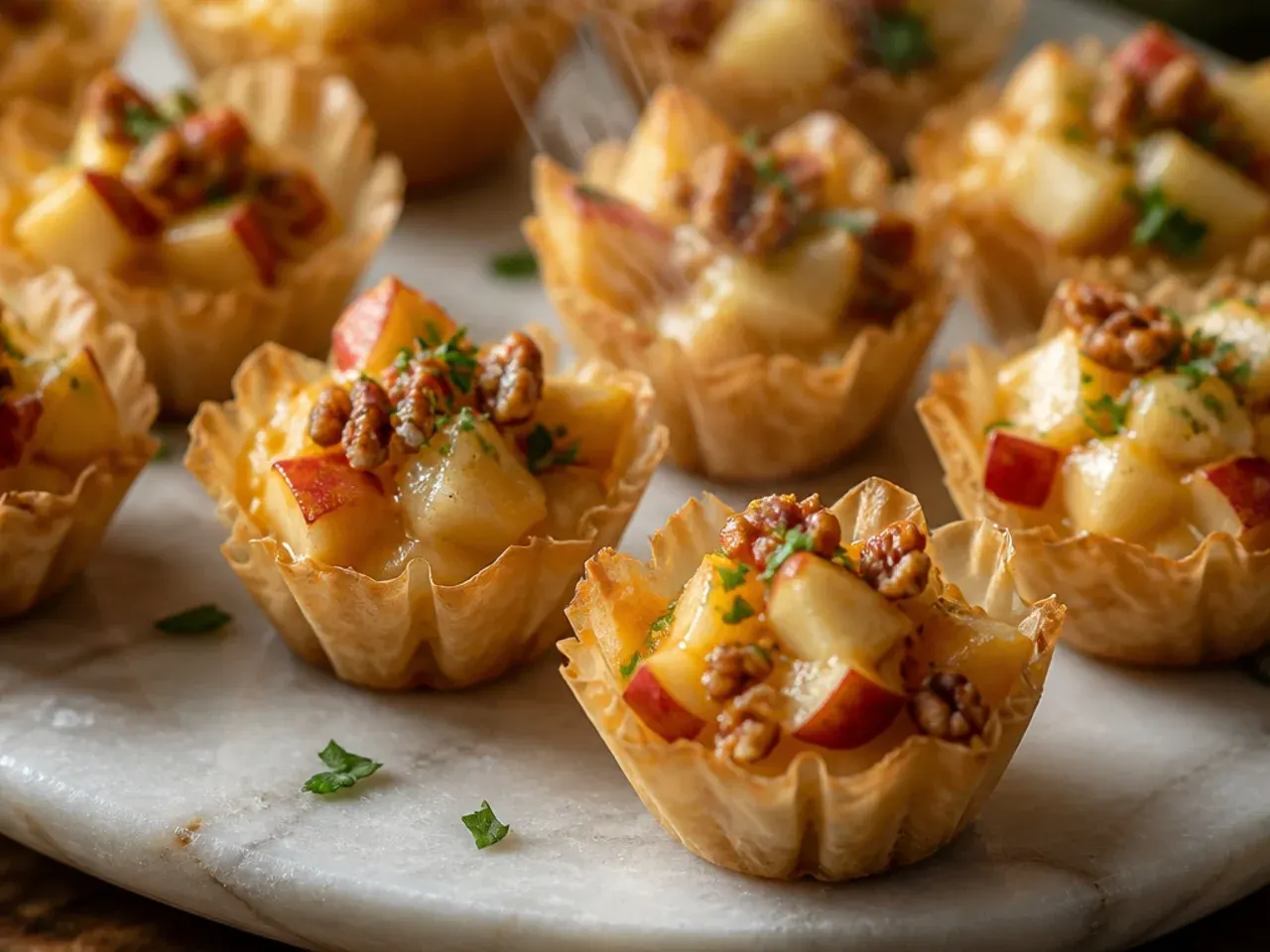 Phyllo cups filled with melted cheddar and diced apple