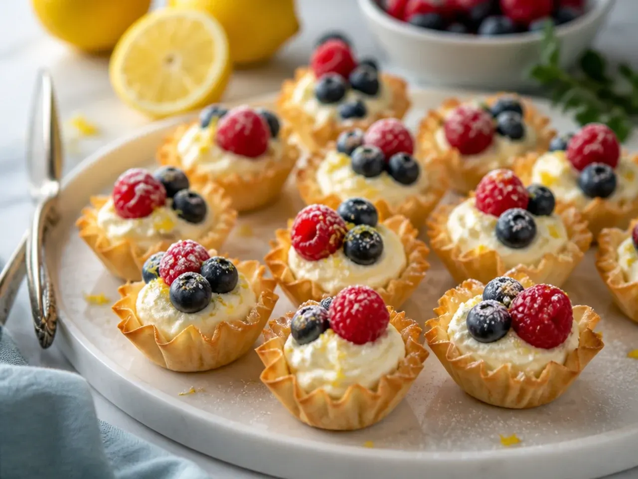 Sweet phyllo cups filled with lemon cheesecake mixture and topped with fresh berries