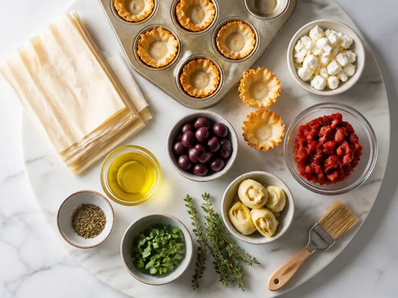 Hands filling a tray of mini phyllo cups with a small spoon