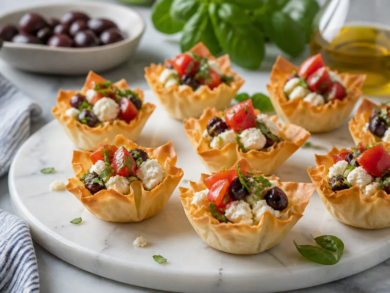 A large platter with several varieties of phyllo cup appetizers arranged by type