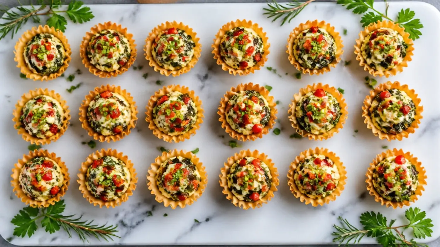 A platter of golden savory phyllo cup appetizers filled with spinach, feta and sun-dried tomatoes, garnished with toasted pine nuts