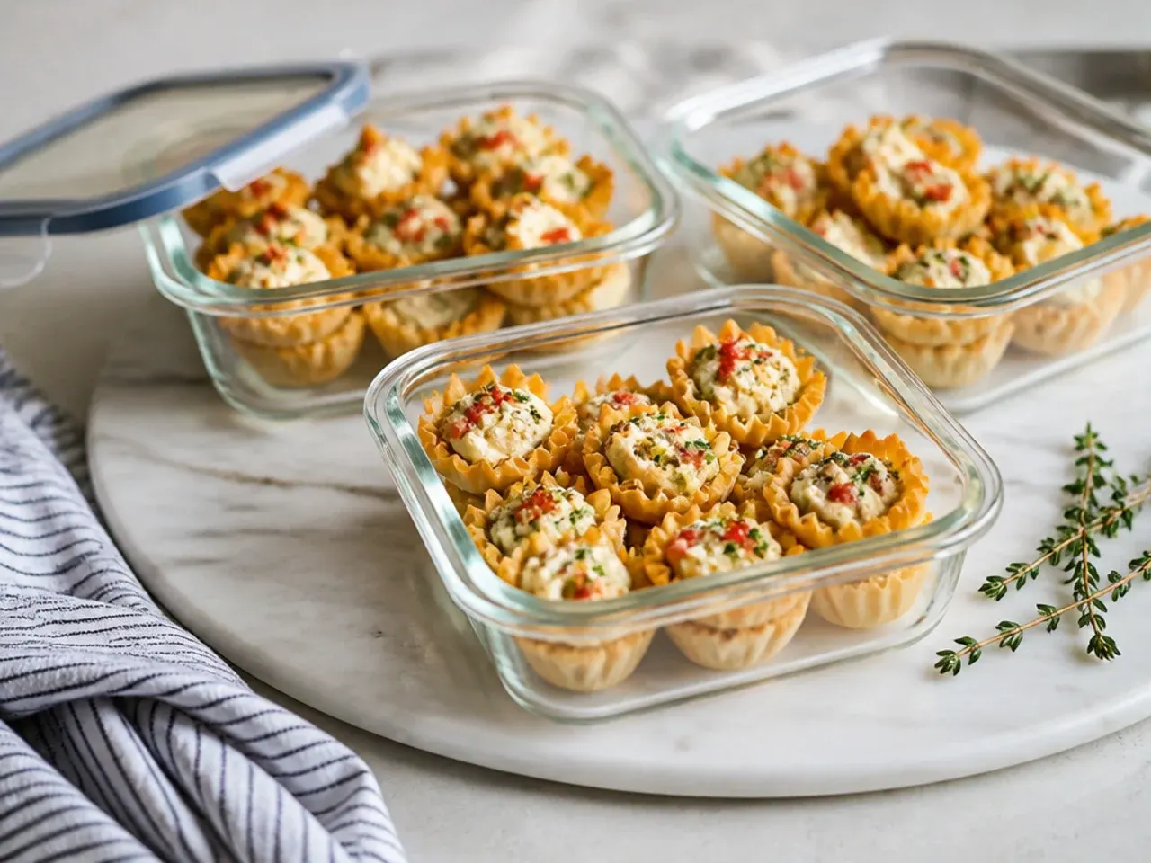 Baked savory phyllo cups stored in a single layer inside an airtight container ready for reheating