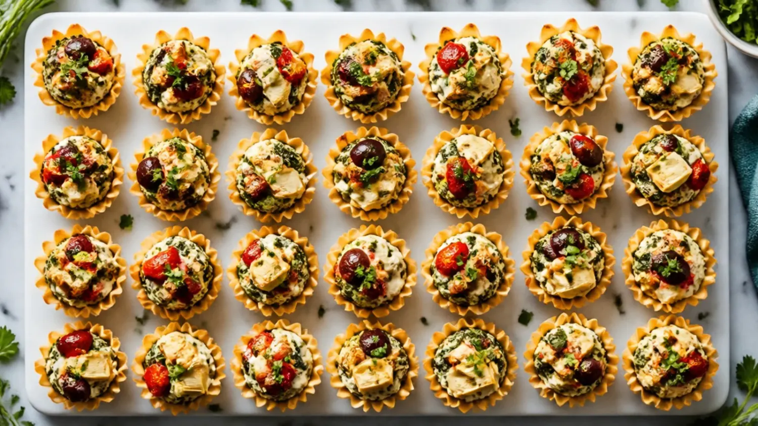 A platter of golden mini phyllo cup appetizers filled with a mix of cheese, spinach, salmon and bacon toppings