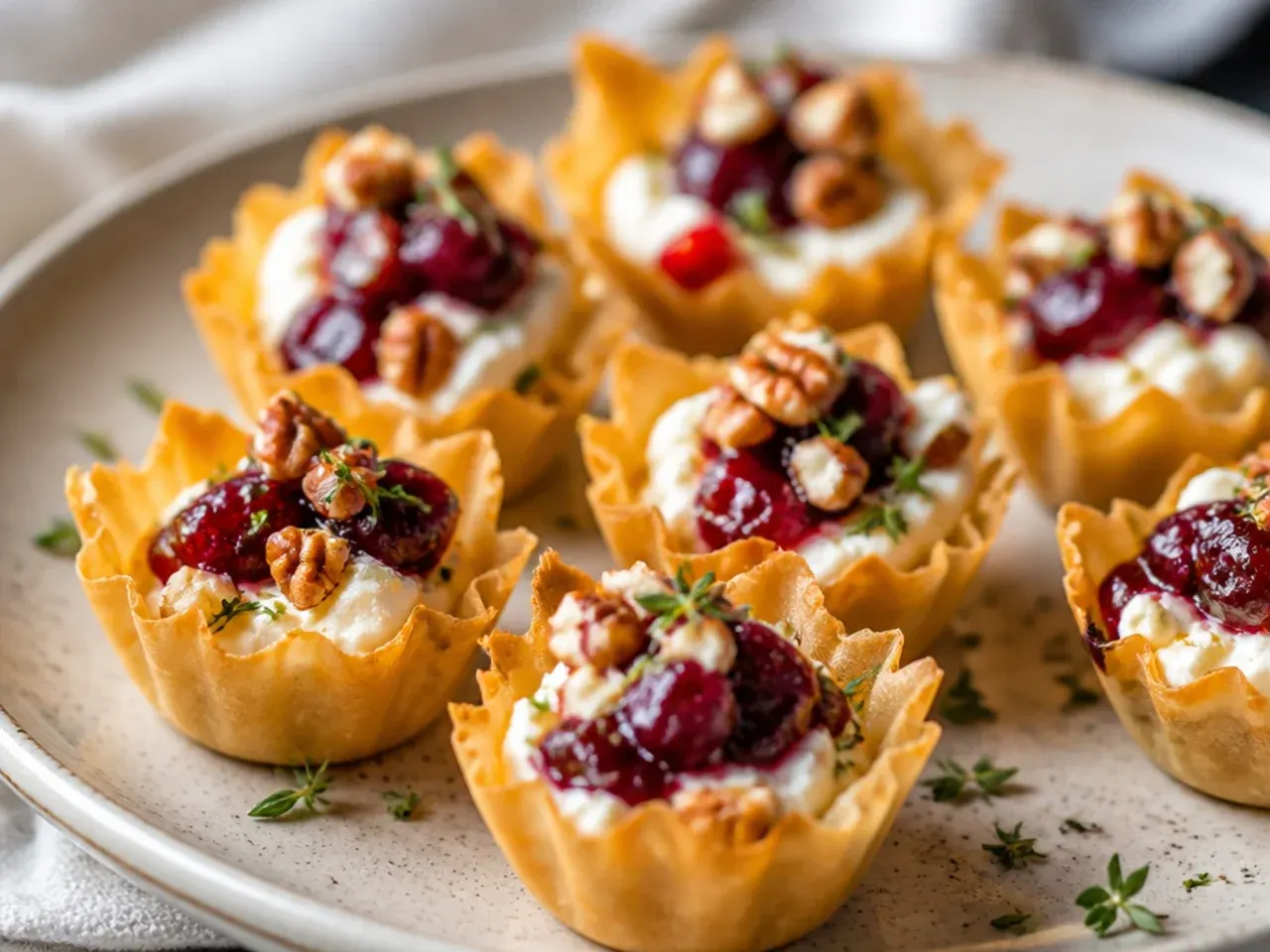 Overhead shot of empty crispy phyllo pastry shells arranged on a wooden board ready for filling